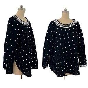 Laise Adzer Linen Black Silver Metal Studs Polka Dot Lagenlook Top Blouse OS‎